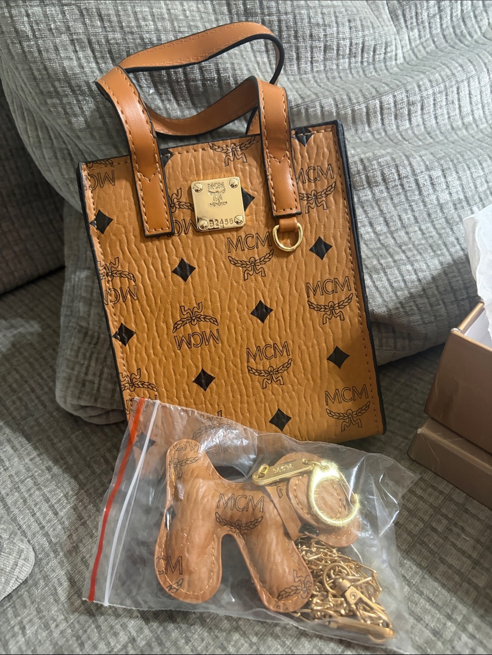 MCM Cognac Logo Mini Tote with Gold Hardware and Charm